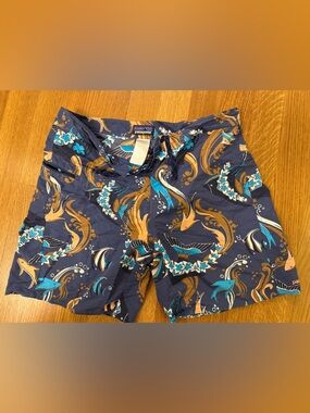 Patagonia Navy Blue Swim Trunks with Teal and Tan Floral Fish Print